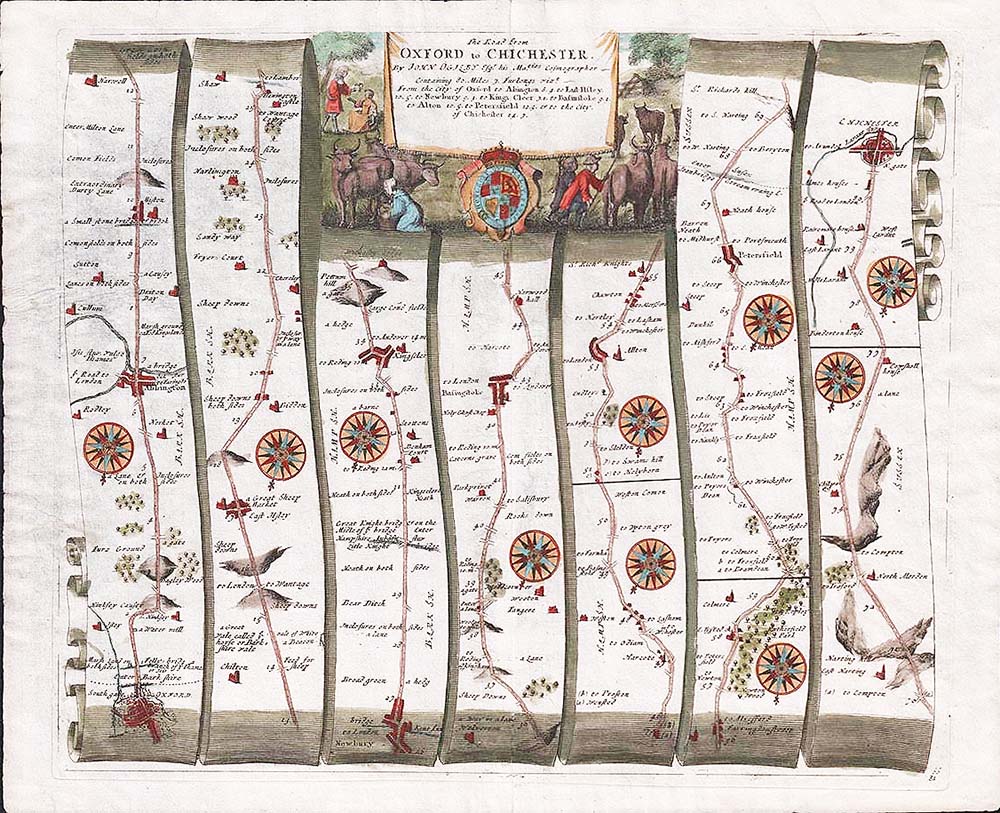Oxford to Chichester inc.Basingstoke Harwell Replica 17c OGILBY Old Road Map 