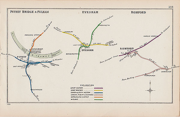 Pre Grouping railway junction around Putney Bridge & Fulham Evesham and Romford 