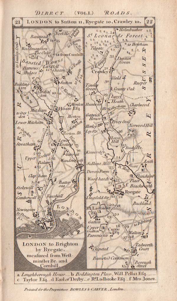 Road from London to Brighton by Ryegate  and Crawley  continuing on verso to Cuckfield and Brighton