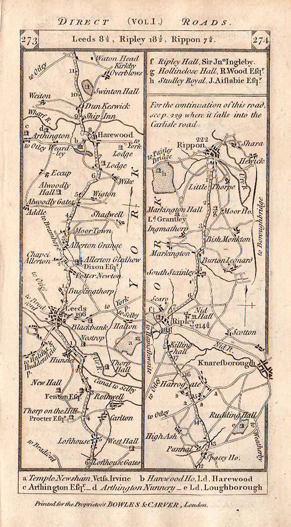 The Road from Leeds to Ripley to Rippon and on the verso the road from Longtown to Ecclefechan Lockerby to Moffat in Dumfries