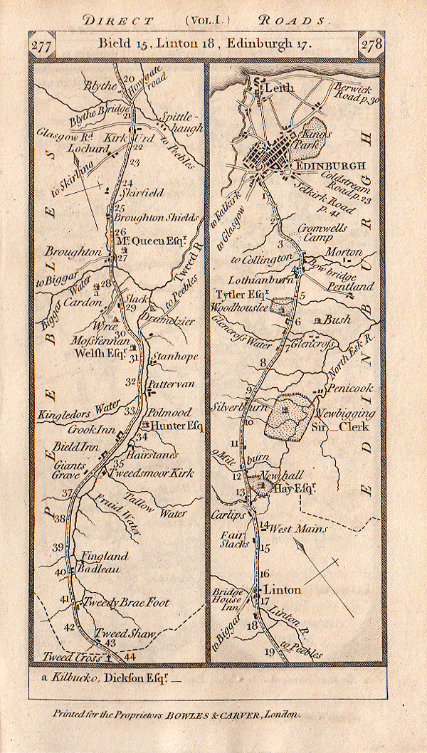 The Road from Bield to Linton to Edinburgh and on the verso the road from Peterboro to Market Deeping Bourn and Folkingham
