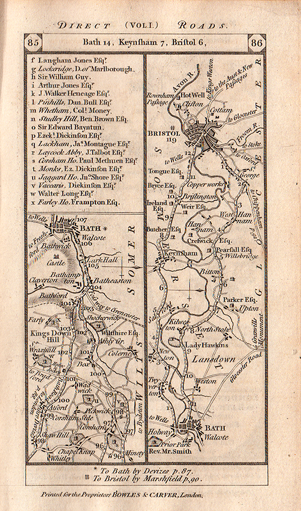Road from Bath to Keynsham to Bristol  On the verso is the road from Devizes to Trawbridge to Frome   
