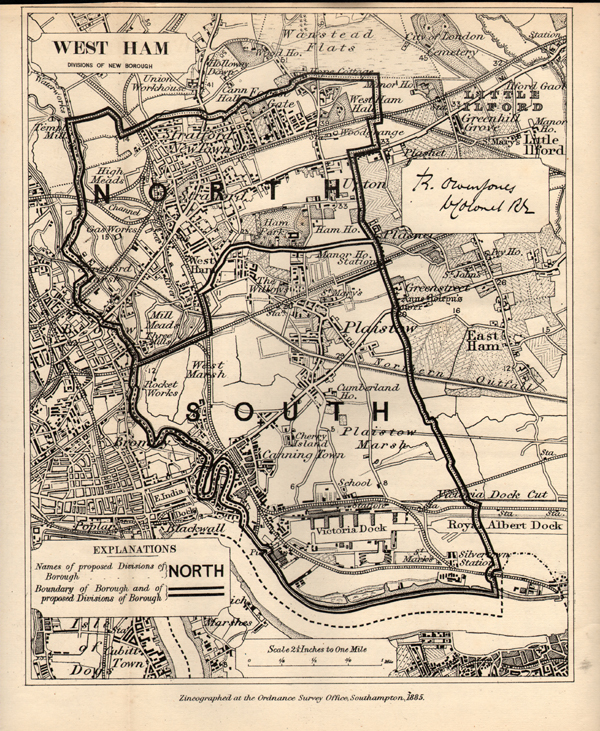 West Ham  -  Map of the Report of the Boundary Commissioners for England and Wales 1885