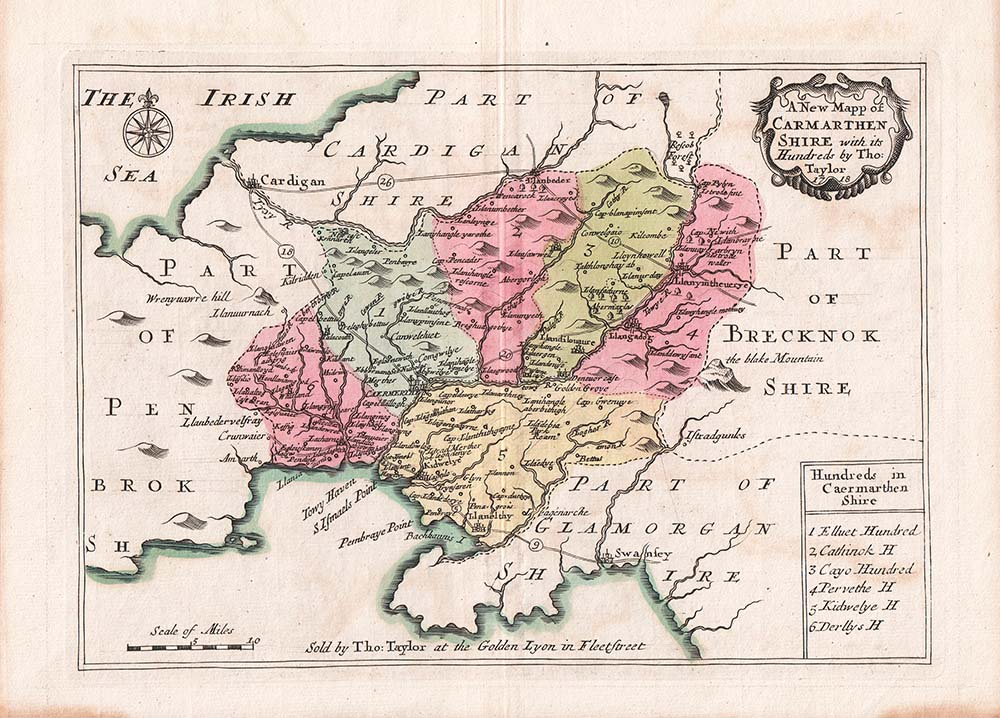 A New Mapp of Carmarthenshire with its Hundreds by Tho Taylor  1718