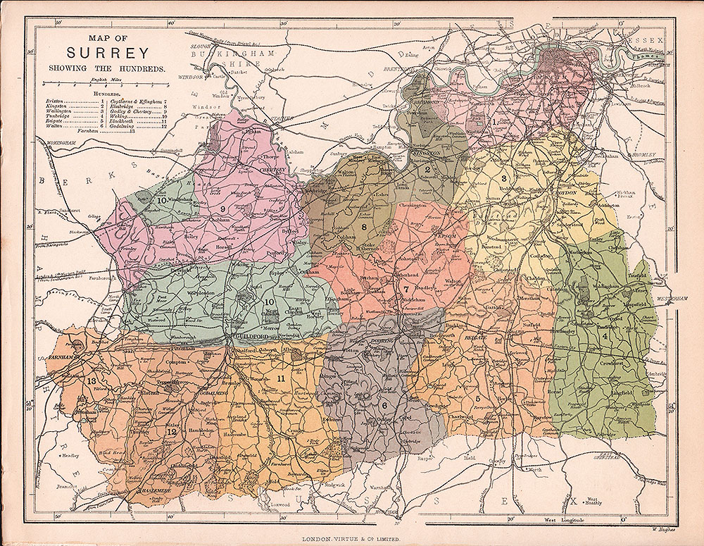 W Hughes  -  Map of Surrey showing the Hundreds