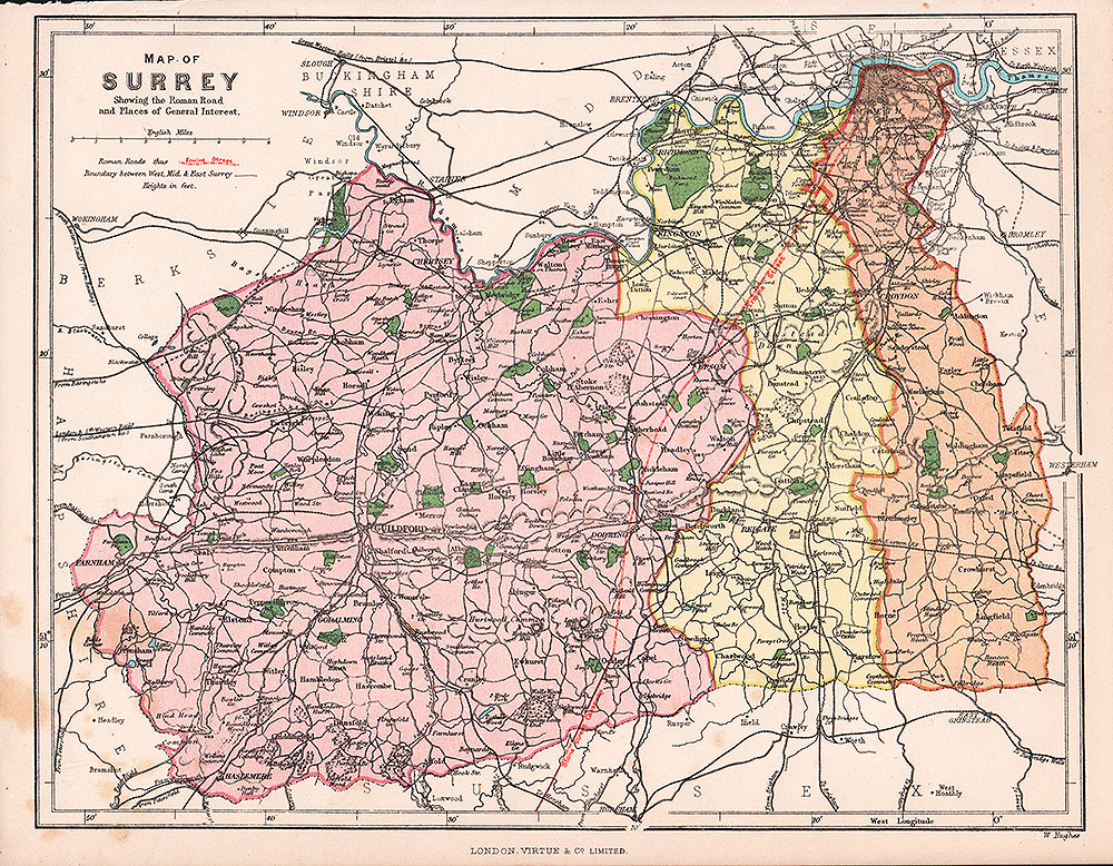 W Hughes  -  Map of Surrey showing the Roman Road and Places  of General Interest