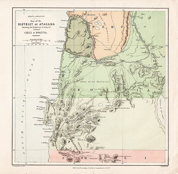 Map of the District of Atacama showing the Territory in dispute between Chili & Bolivia