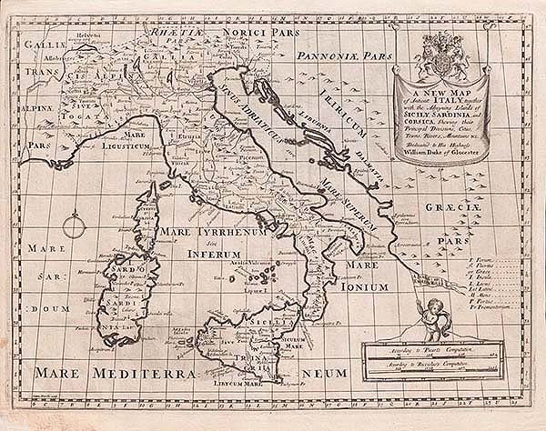 Edward Wells - A New Map of Antient Italy together with the Adjoyning Islands of Sicily Sardinia and Corsica Shewing their Principal Divisions Cities Towns Rivers Mountains etc