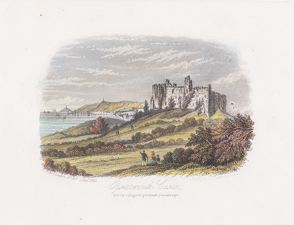 Oystermouth Castle, with the Village and Lihgthouse Swansea Bay.