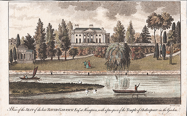 A View of the Seat of the late David Garrick Esqr at Hampton with a prospect of the Temple of Shakespeare in the Garden